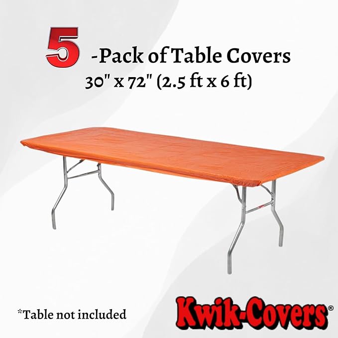 Kwik-Covers 6' Rectangle Plastic Table Covers 30" x 72", Bundle of 5 (Orange)