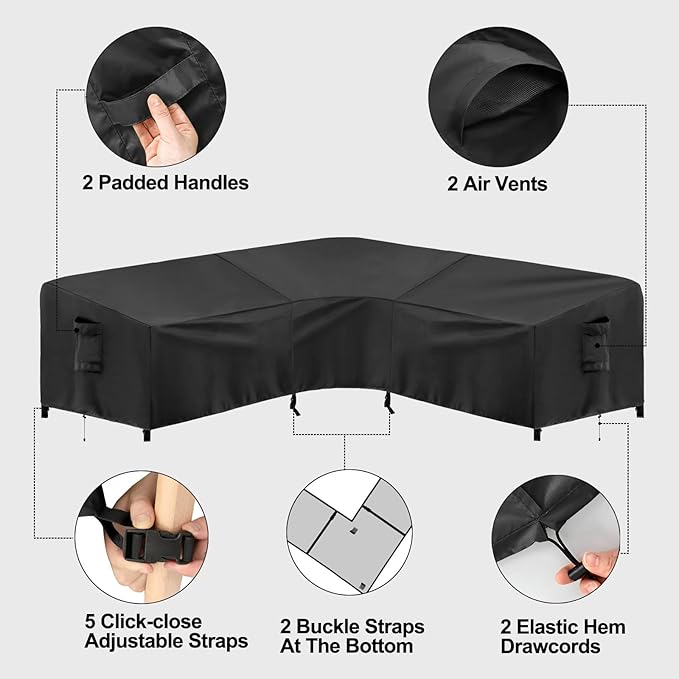 PureFit Outdoor Sectional Sofa Cover Waterproof V Shaped Patio Furniture Covers for Deck, Lawn and Backyard, 100”x100”, Black