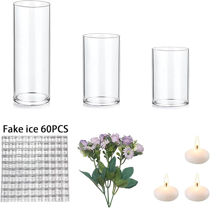 Purple Rose Floating Flowers for Table Centerpieces Glass Cylinder Vases Fillers Set with Floating Candles and Fake Ice Cubes for Wedding Party Home Pool Bar Restaurant Festival Decoration