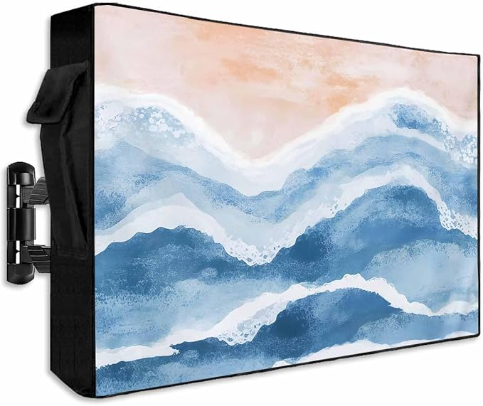 Outdoor TV Cover for Outside Flat Screen,Beach Blue Gradient Ocean Wave 600D Thick Waterproof Weatherproof Outdoor TV Screen Protector with Zipper for 48 to 50 Inch Flat Screens Abstract Geometric