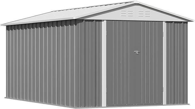 Greesum 8x12FT Outdoor Storage Shed, Utility Tool Shed with Sloping Roof, Metal Storaged Garden Shed with Door & Lock for Patio Storage, Gray