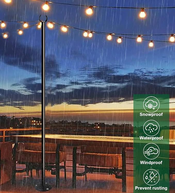 10ft String Light Pole for Soft Surfaces, Light Pole for Outdoor String Light, Perfect for Garden, Backyard, and Patio Lighting Stand for Parties, Wedding - Matte Black Finish - 1 Pack