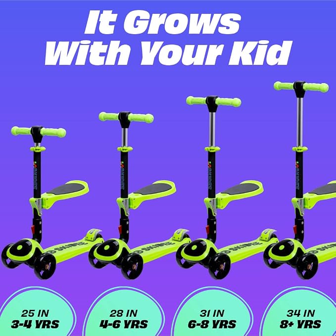 SKIDEE Kick Scooter for Kids Ages 3-5 | Foldable 3 Wheel Scooter with Lean-to-Steer, Adjustable Height, Removable Seat & LED Light Wheels | Toddler Scooter Up to 12 Year Old Boys/Girls