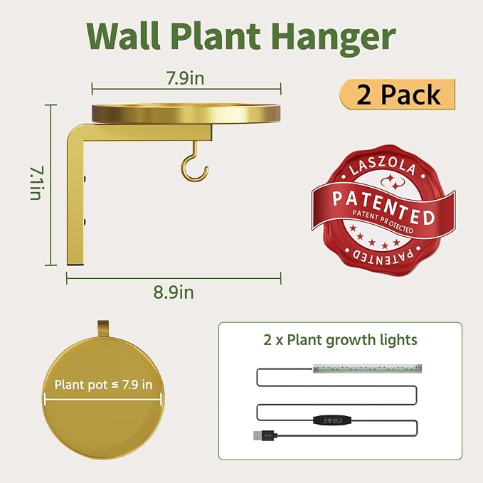 LASZOLA Plant Hangers Shelves Wall Mounted Indoor with Grow Lights, Metal Window Plant Holders, 2Pcs Modern Floating Flower Display Stand with 2 Hooks for Outdoor Kitchen Bathroom Decor, Gold