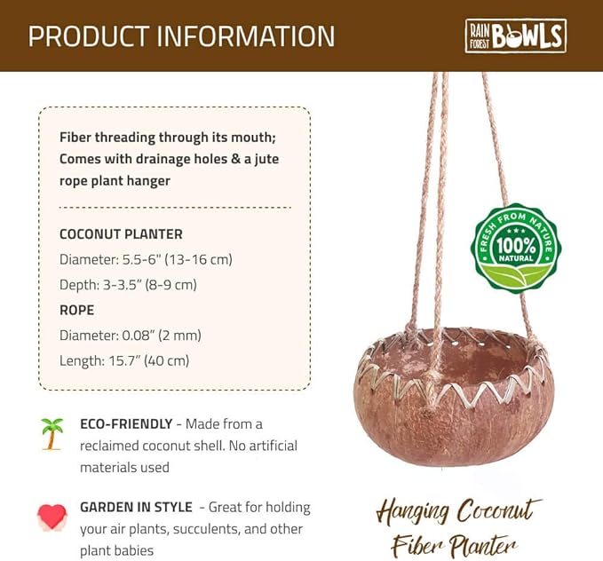 Rainforest Bowls Hanging Fiber Coconut Planter w/Drainage Hole- Perfect for Succulents, Flowers, Small Plants, Indoor & Outdoor Gardens- Handcarved by Artisans, Eco-Friendly & Sustainable