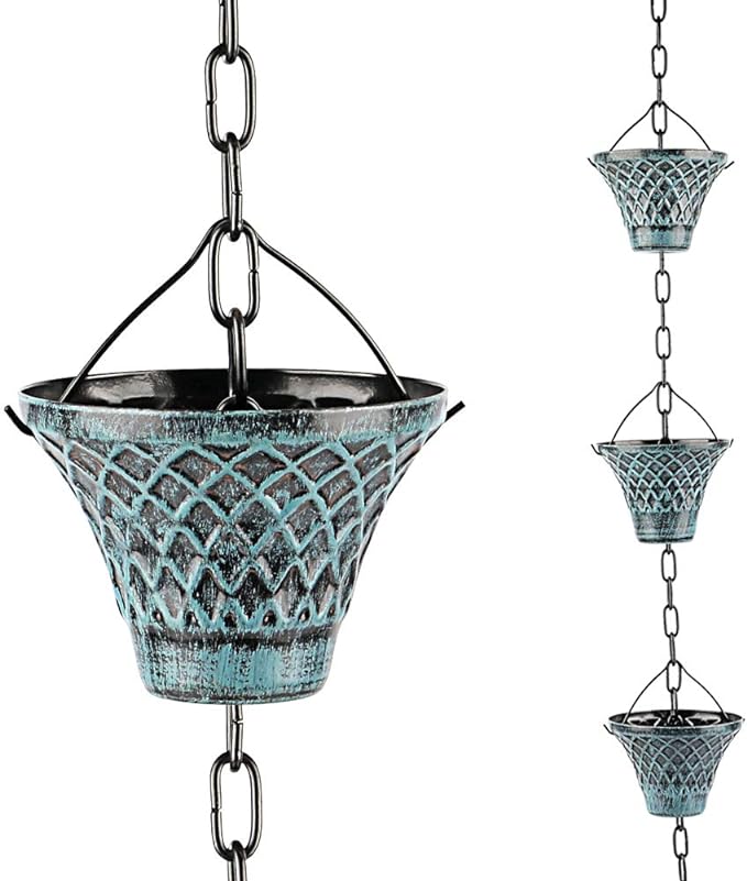 Rain Chains for Gutters Outside Downspouts Rain Catcher Diverter Metal Blue Plaid Outdoor Decorative, 8.5 FT