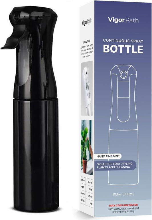 VIGOR PATH Continuous Spray Bottle with Ultra Fine Mist - Versatile Water Sprayer for Hair, Home Cleaning, Salons, Plants, Aromatherapy, and More - Empty Hair Spray Bottle - 300ml/10.1oz (Black)