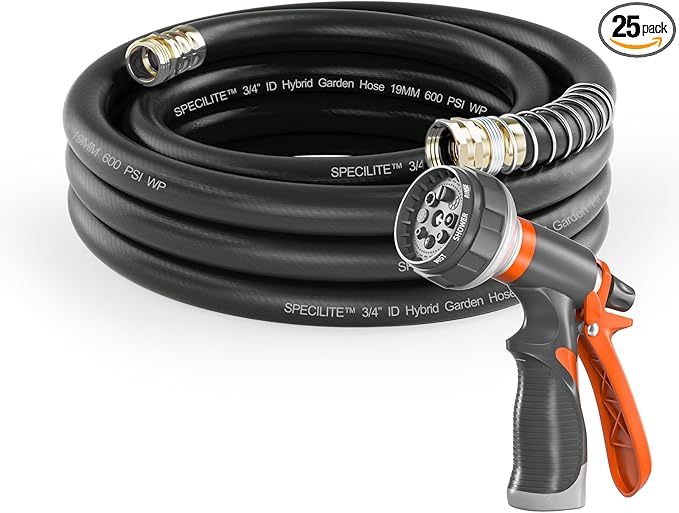 SPECILITE Garden Water Hose 25 ft x 3/4 in Heavy Duty, Flexible and Lightweight, Burst 600 psi, Kink-less Hybrid Rubber Pipe for Backyard, 3/4'' Brass Fittings, Black