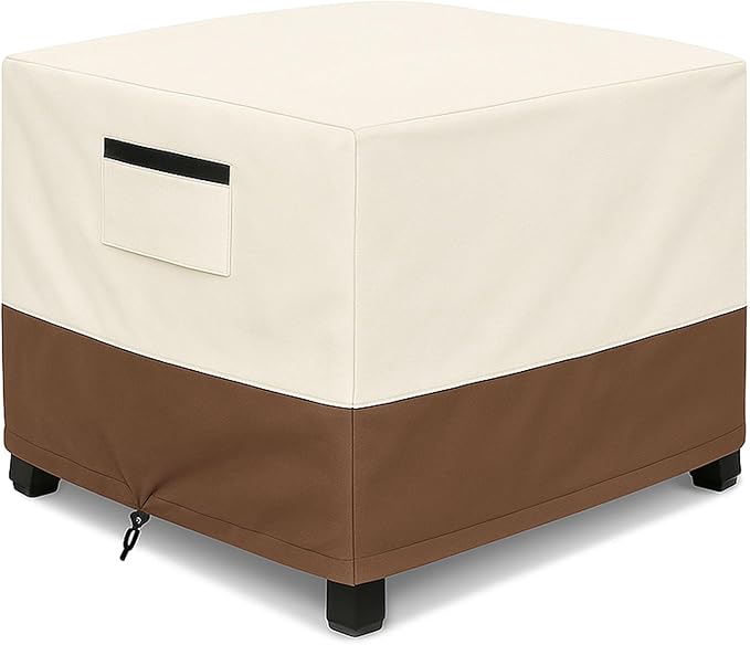Waterproof Patio Ottoman Cover, Square Outdoor Side Table Furniture Cover with Padded Handles, 600D Heavy Duty Windproof All-Weather Patio Furniture Cover,UV Resistant, 32 x 32 x 18 Inch, Beige&Brown