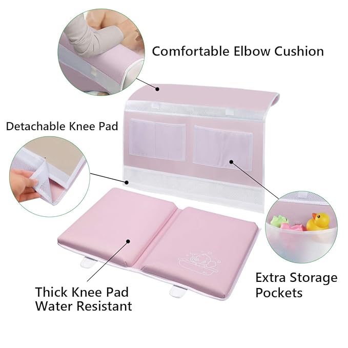 Bath Kneeler and Elbow Rest 1.5" Thick Kneeling Mat with Toy Organizer - Bath Kneeling Pad for Baby Bath Time, Garden Work, Exercise - Detachable and Foldable Bathtub Mat for Parents - Pink