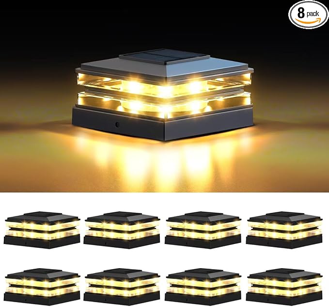 EXCMARK 4x4 Solar Post Cap Lights Outdoor Waterproof 8 Pack Fence Deck Post Lights with High-Brightness LEDs, Dual Light Modes Warm White & Cool White. (Classic Black, 8)