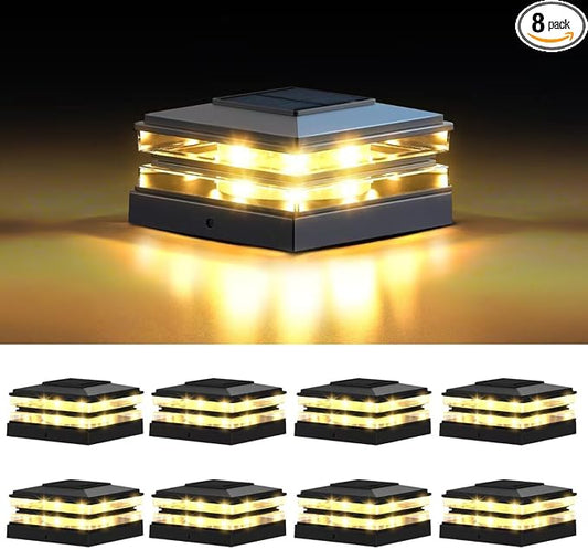 EXCMARK 4x4 Solar Post Cap Lights Outdoor Waterproof 8 Pack Fence Deck Post Lights with High-Brightness LEDs, Dual Light Modes Warm White & Cool White. (Classic Black, 8)