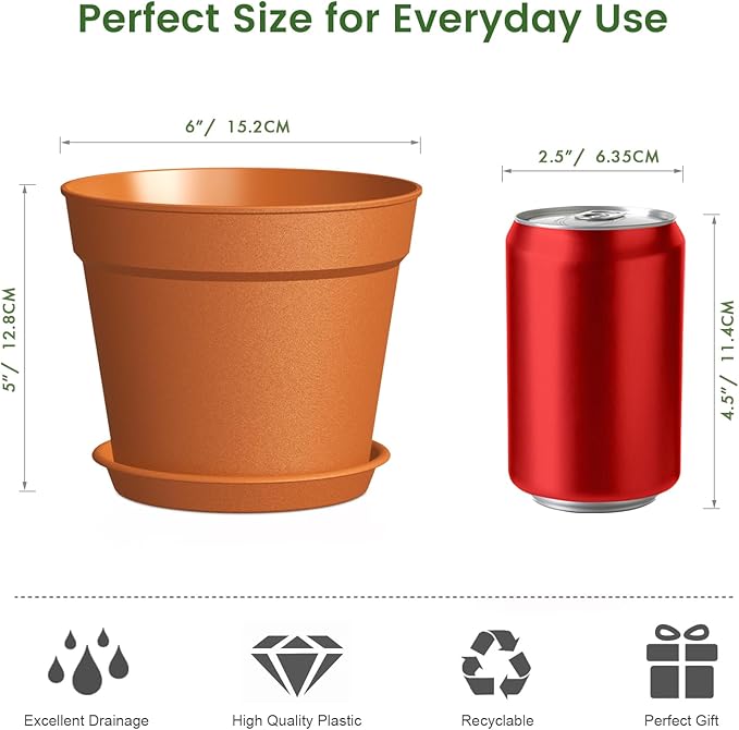 SwinDuck 20 Pack 6 Inch Plant Pots with Drainage and Saucers, Plastic Flower Pots for Indoor and Outdoor Plants, Stackable Nursery Planters for Houseplants and Herbs, Terracotta