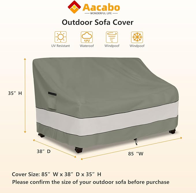 Outdoor Sofa Cover,Patio Loveseat Cover,3-Seater Bench Cover,Waterproof Heavy Duty Patio Furniture Covers,85" W x 38" D x 35" H Inches Grey Green