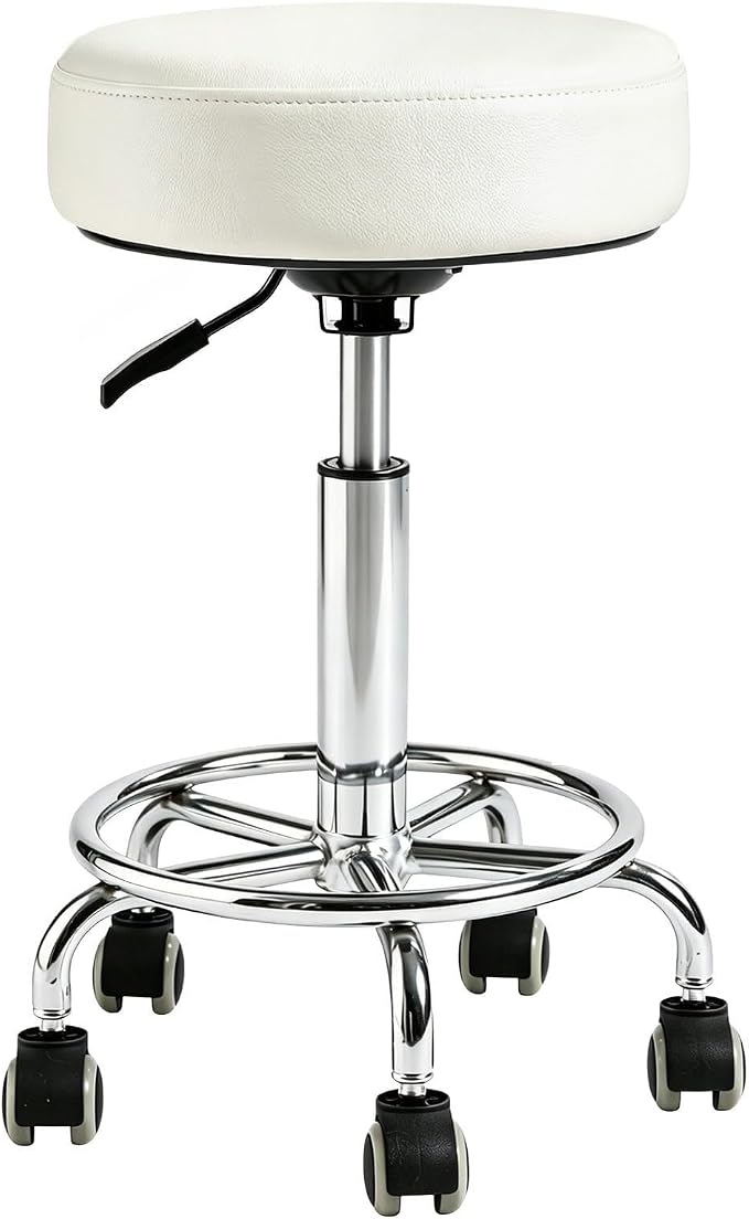 Adjustable Rolling Stool with Wheels Heavy Duty 500lb Round RollingStool with Footrest, Patent Leather Drafting Stool Chair with Wheels Work Spa Salon Seat,White