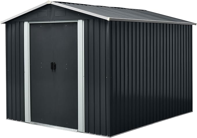 KEIKI 8x10 FT Outdoor Metal Storage Shed with Peaked Roof,Vents and Lockable Sliding Door for Garden Yard Lawn