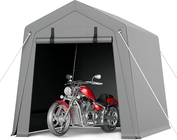 7x12 FT Portable All-Weather Storage Shelter – Heavy-Duty Garage with Zipper Roll-Up Door, Secures Motorcycles, Bikes, Firewood & Tools (Anchoring Kit Included), Grey
