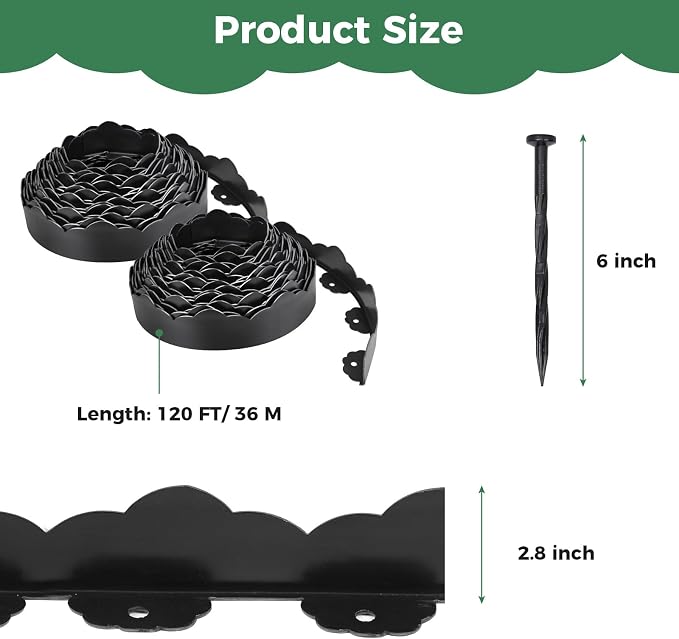 120 FT Landscape Edging Border with 180 Spikes, 2.8 Inch Tall Plastic Lawn Edging Border, No Dig Flexible Garden Edging Border for Flower Beds Landscaping Yard Pathway Paver Tree Fence Edging (Black)