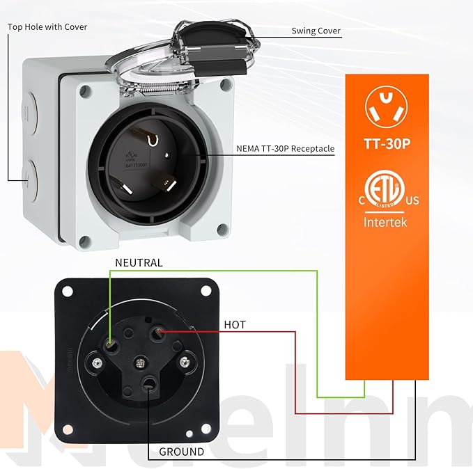 30Amp Power Inlet Box,125Volt NEMA TT-30P Inlet Outdoor dustproof and Weatherproof for Electric Vehicles, generators, Welding Machines, etc.ETL Listed