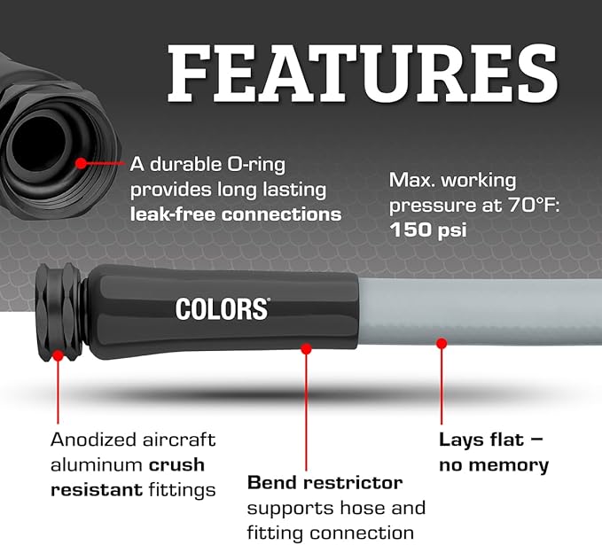 Flexzilla Colors Garden Hose 5/8 in. x 25 ft., Lightweight All-Weather Water Hose, Durable and Flexible, Leak-Free Connections, Slate Gray