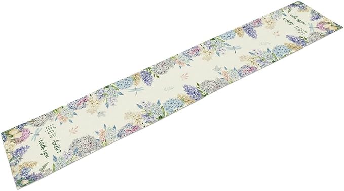 Blue Floral Table Runner, Rustic Country Watercolor Spring Summer Seasonal Hydrangea Flower Dragonfly Farmhouse Table Center Decor for Family Kitchen and Dining Party Table Decorations, 13"x72"