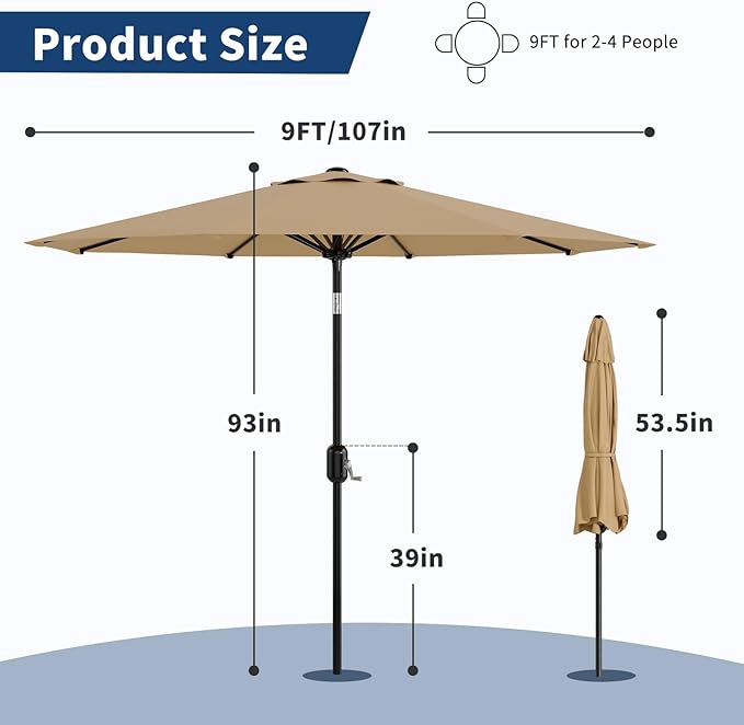 Garvee 9FT Patio Umbrella - Outdoor Table Umbrella with Crank Lift & Push Button Tilt - Market Umbrella 8 Sturdy Ribs UV Protection for Pool, Deck, Yard, Garden, Tan