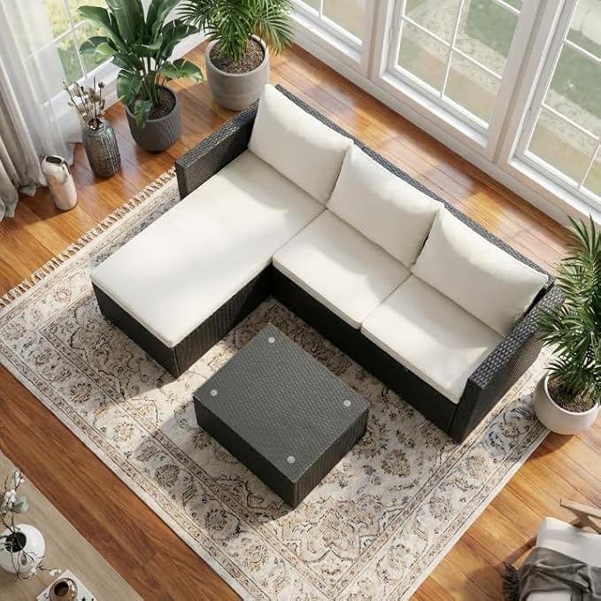 Shintenchi 4 Pieces Patio Furniture Sets, Outdoor Sofa Patio Sectional Sets All Weather, Wicker Rattan Seating Sofa Couch withwith Cushions & Coffee Table for Yard, Garden, Porch, Poolside (Beige)
