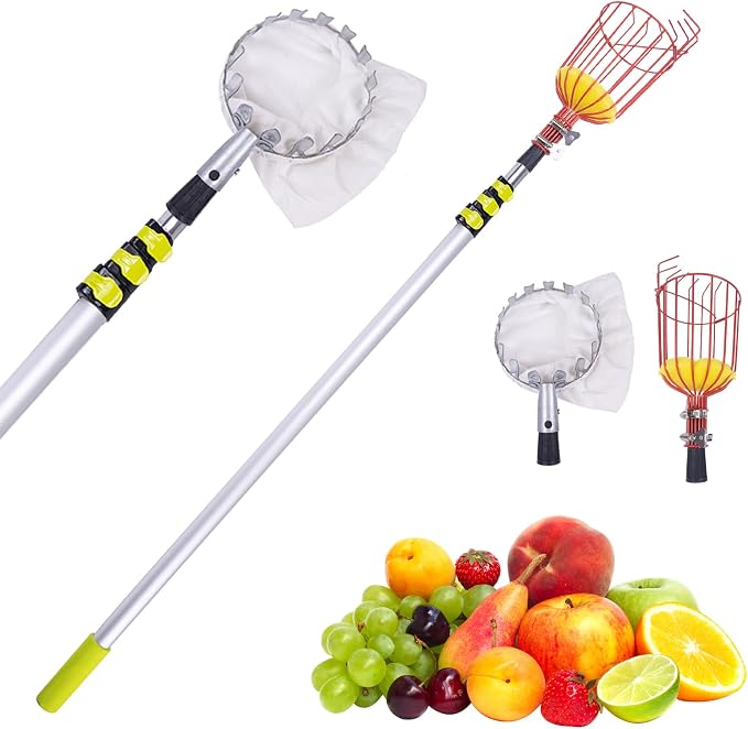 WodGod 13FT Telescopic Fruit Picker with Wire Basket and Bag Basket,Adjustable Fruit Picker Pole with Basket Telescoping,4-13FT Fruit Picker Pole,Suitable for Picking Apples,Mangoes,Plums and Others