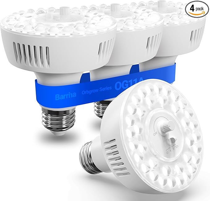 Barrina Orbgrow OG11A Grow Light Bulbs for Indoor Plants, Integrated Dimming & Timing, 5000K 44W(4 x 11W, 400 Watt Equiv), E26 Plant Light Bulb, Full Spectrum for Seeds and Greens, 4 Packs, White