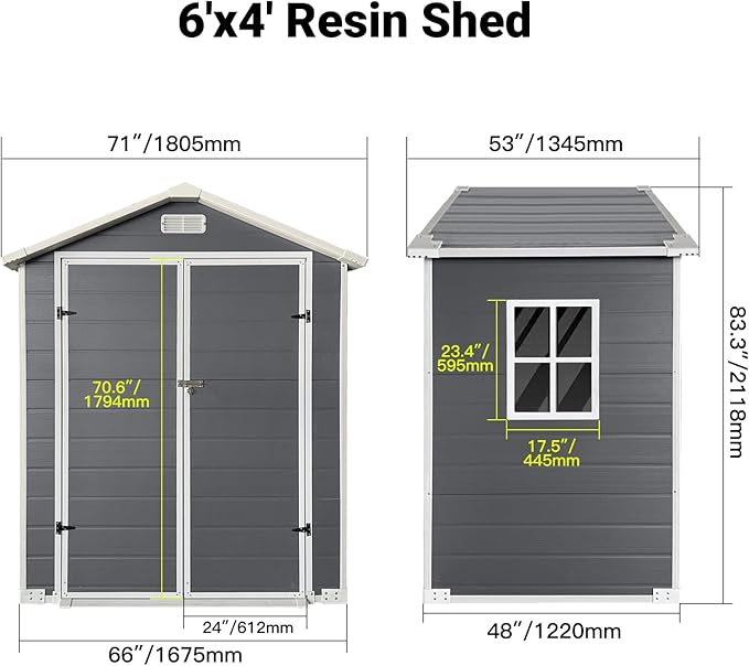 YOPTO 6x4 FT Plastic Storage Shed,Outdoor Storage Shed with Floor and Lockable Door,Waterproof Garden Shed W/Windows & Vents,Sloped Roof,Tool House for Storing Bicycles,Lawnmowers,Gray