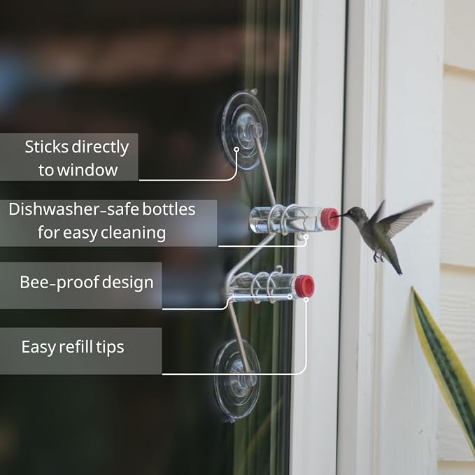 Geometric Window Hummingbird Feeder | Copper and Aluminum | Multiple Stations | Modern Hummingbird Feeder | Handcrafted | Home Décor | Glass Bottles | Suction Cups (Aluminum)