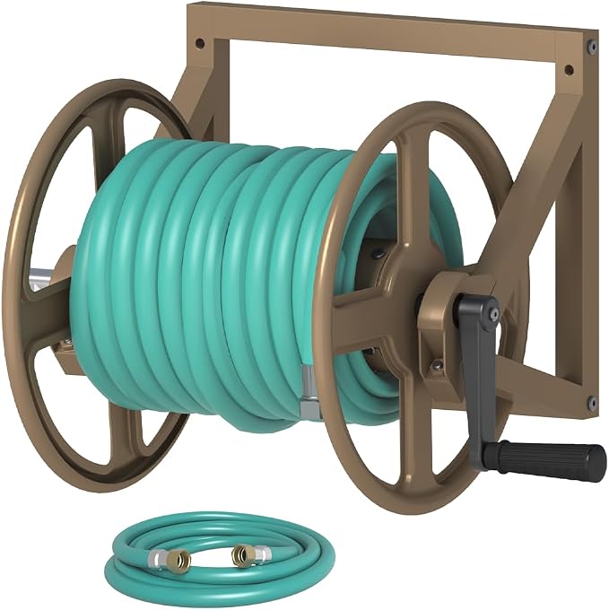 Artigarden Garden Hose Reel Wall Mounted, Outdoor Heavy Duty Powder Coated Metal Water Hoses Holder Winder Holds 125 ft 5/8" Hoses with 3.9ft Leader Hose, Stainless Steel Connector for Outside, Brown