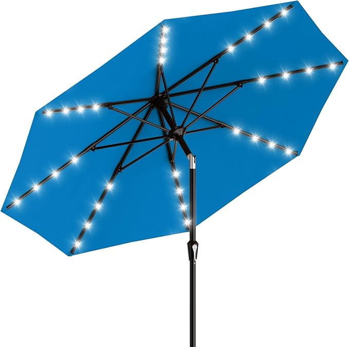 AreShark 9FT Patio Umbrella with Solar Lights, 32 Lighted Pool Umbrella w/Tilt and Crank, Outdoor Market Solar Umbrellas for Garden, Deck, Backyard, Pool and Beach, Royal Blue