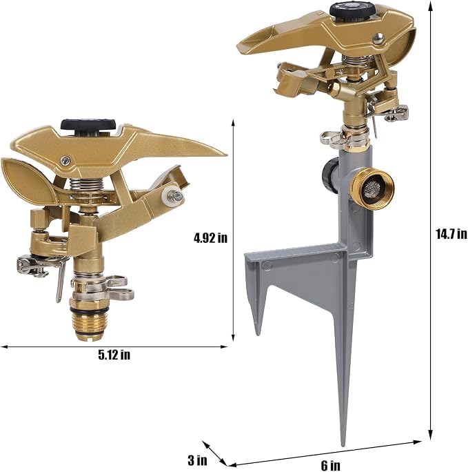 Biswing 2 Pack Impact Sprinklers on Metal Step Spike, Heavy Duty Zinc Alloy Lawn Sprinkler Head on Spike Base, Adjustable 360 Degree Watering Sprinkler for Large Area Grass Garden Irrigation