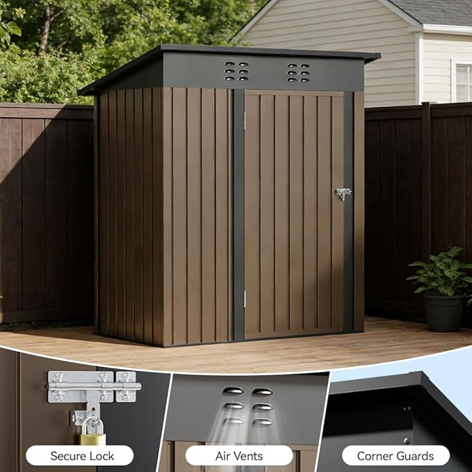 COMHOMA Shed Storage Outdoor Metal Windowed Lockable Solar Motion Light Adjustable Weatherproof Ventilated Backyard Garden Utility Workshop(Brown,5'*3')
