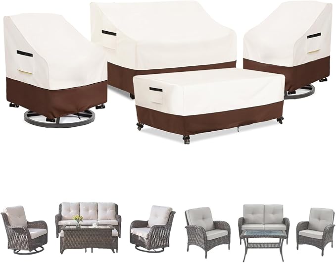 Patio Furniture Covers 4 Piece Set, 600D Heavy Duty Outdoor Furniture Covers Waterproof for Patio Loveseat,Swivel Rocker Chair and Coffee Table Furniture Set,Beige & Brown