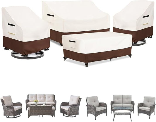 Patio Furniture Covers 4 Piece Set, 600D Heavy Duty Outdoor Furniture Covers Waterproof for Patio Loveseat,Swivel Rocker Chair and Coffee Table Furniture Set,Beige & Brown