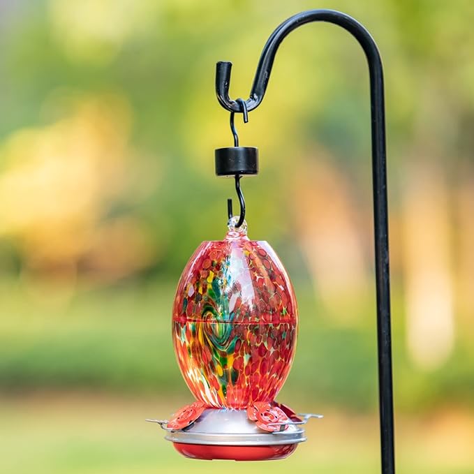 Muse Garden Glass Humming Bird Feeders for Outdoors - 27OZ Blown Glass Hummingbird Feeder - Unique Gift Mom Women Grandparents, Outdoors Hanging Garden Decor, Includes Ant Moat & Brush, Red Swirl