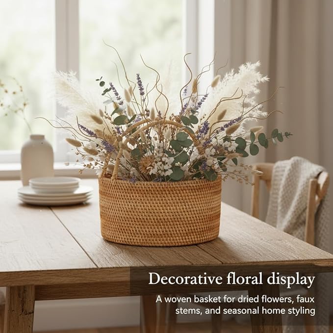 Handwoven Rattan Storage Basket with Handles, Natural Wicker Decorative Basket for Kitchen Counter, Pantry Organization, Floral Arrangement, Gift Packaging & Home Decor