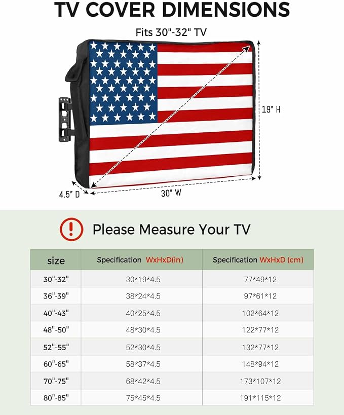 DecorLovee American Flag Outdoor TV Cover 70-75 Inches, Weatherproof & Waterproof, Red, White, Blue, Oxford Cloth, Hook & Loop Closure