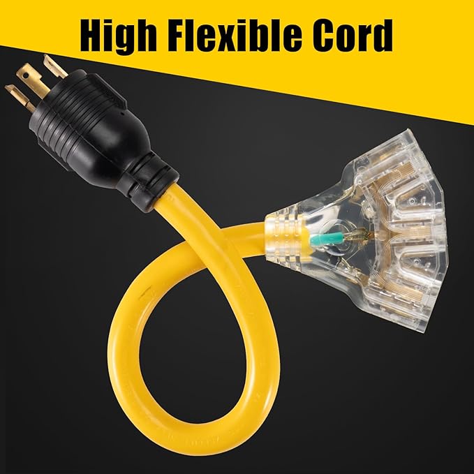 30 Amp to 110 Outdoor Generator Adapter Power Cord, 3 Prong Locking 30 Amp to 15 Amp Generator Cord, NEMA L5-30P Male to 3X 5-20R Female with Lighted End, 1.5FT