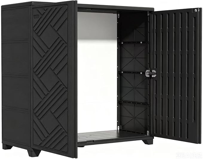 KINYING Outdoor Storage Cabinet Waterproof, 60 Gallon Resin Outdoor Storage Shed for Patio/Garden/Backyard, Outdoor Storage Box for Cushions,Garden Tools and Pool Supplies(Black W/O Shelving)