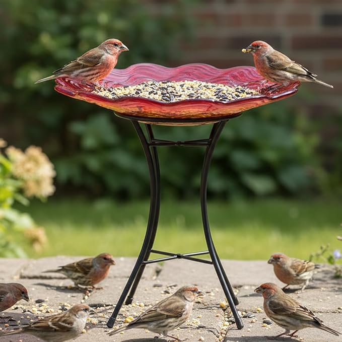 HONGLAND Bird Bath for Outside,15" Diameter Large Glass Birdbaths for Outdoors,Detachable Bird Baths Bowl with Metal Stand for Garden Patio Lawn Decor,19" Height - Red
