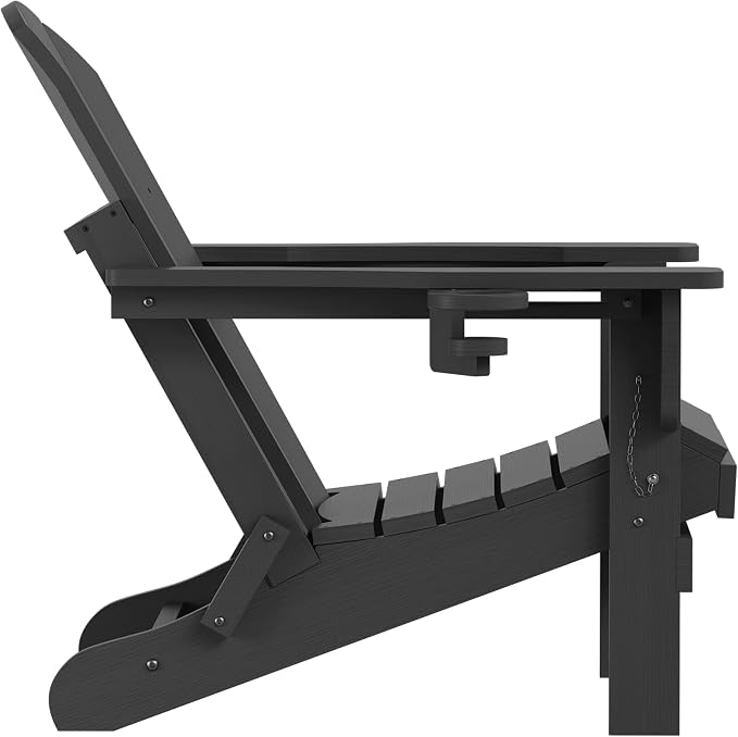 SERWALL Folding Adirondack Chair with Cup Holer, Weather Resistant Adirondack Chairs for Outdoor, Patio, Lawn, Garden, Backyard Deck, Fire Pit - Black