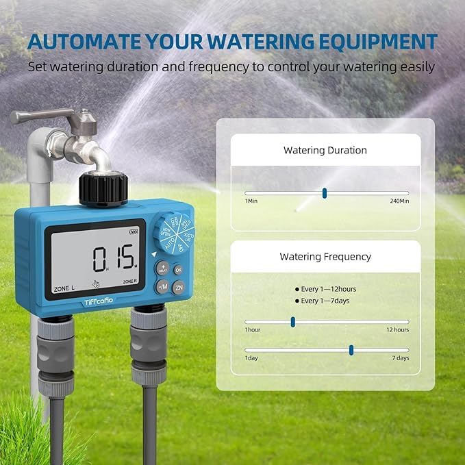 TiFFCOFiO Sprinkler Timer Outdoor, Digital Pogrammable for Garden Hose, Irrigrtion Timer with Rain Delay and Manual Mode (2 Oulets, 2 Packs)
