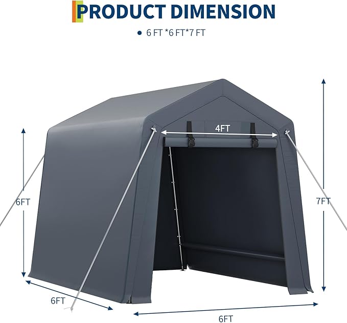 GarveeHome 6x6 FT Portable Outdoor Storage Shed with Roll-Up Zipper Door & Vent, 240G Heavy-Duty Shelter Waterproof PE Tarp, UV-Resistant Carport for Motorcycle, Firewood, Tools -Gray