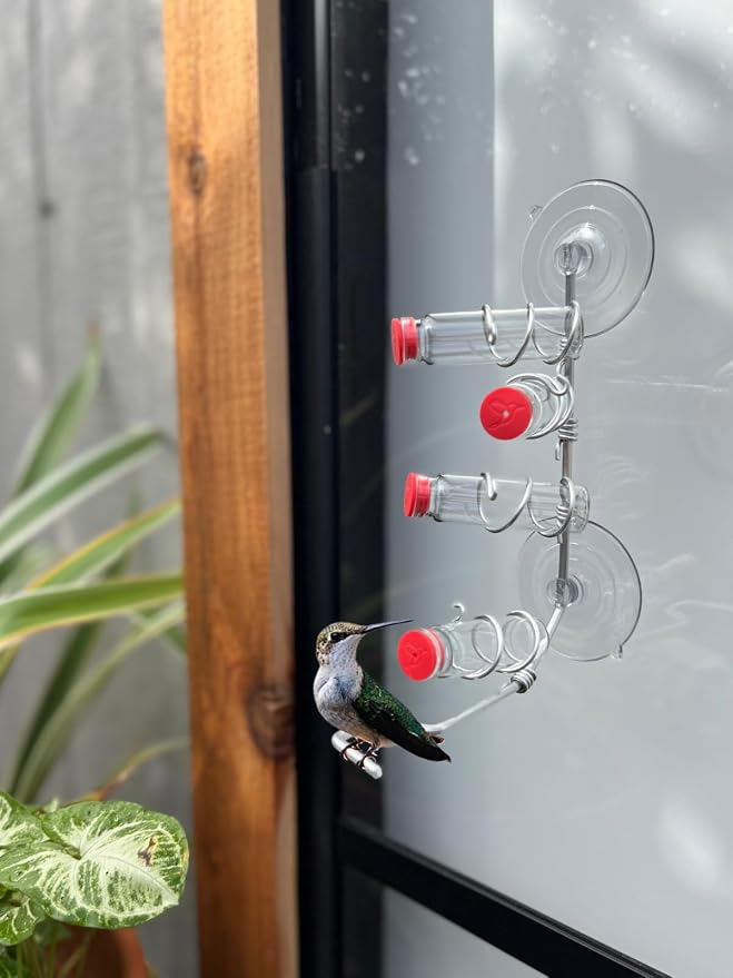 Window Hummingbird Feeder | Handcrafted Copper and Aluminum | Multiple Stations | Modern Hummingbird Feeder | Glass Bottles | Suction Cups (Aluminum, Four Station)
