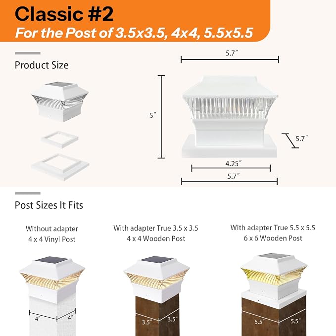 8 Pack Solar Post Cap Lights - Classic #2: Fits 4x4 Vinyl, 4x4 & 6x6 Wood Posts, 25 Lumen 3000K Warm White, Outdoor Deck Fence Light, Waterproof, Elegant White