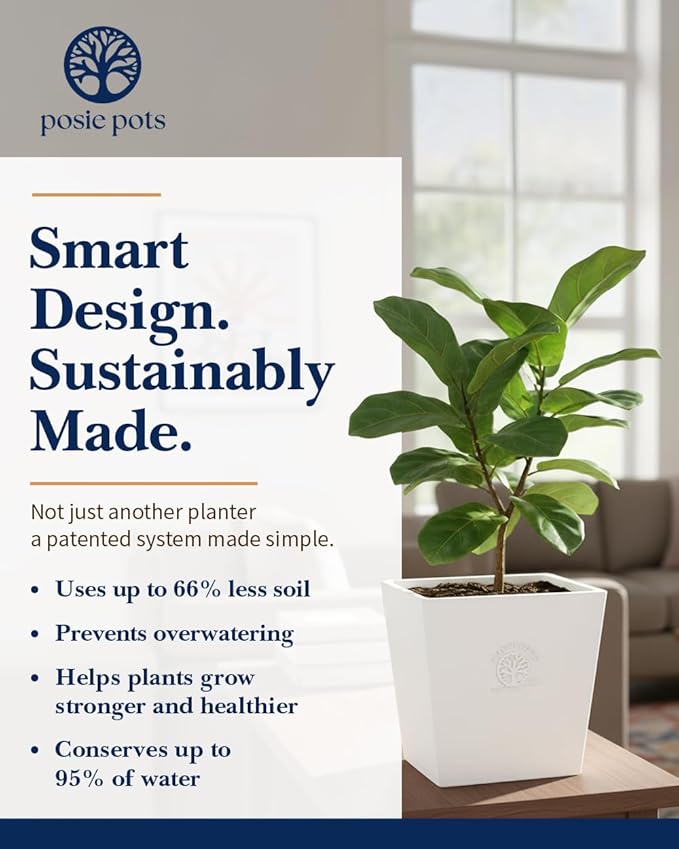Posie Pot Medium Twisted Square - Self Watering Planter 5x5 Inch - Indoor Plant Pot with 30 Day Reservoir - 3D Printed Bioplastic - No Guilt Plant Care - Made in USA, White