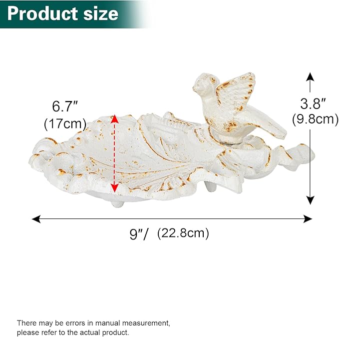 Sungmor Cast Iron Bird Feeder Dish, Rustic White Small Bird Feeding Tray, Decorative Leaf-Shaped Outdoor Bath Bowl Food Container for Garden, Patio or Yard